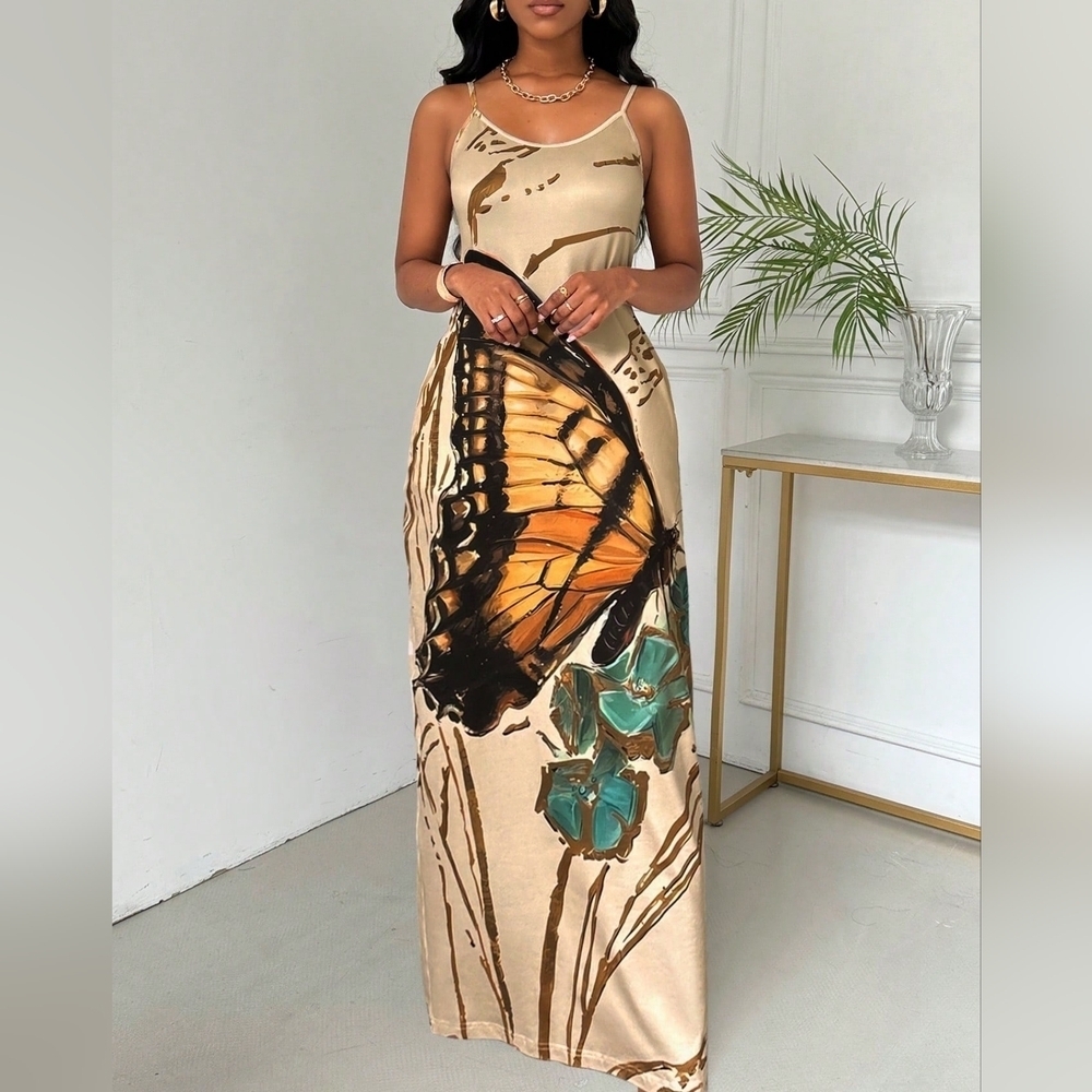 Summer Fashion Butterfly & Flower Printed Spaghetti Strap Dress - Picture 4 of 5